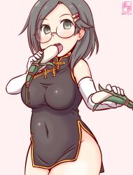 Rule 34 | 1girl, artist logo, bespectacled, black dress, black hair, blush, breasts, china dress, chinese clothes, cowboy shot, dated, dress, eating, elbow gloves, food request, glasses, gloves, gradient background, green eyes, hair ornament, hairclip, kanon (kurogane knights), kantai collection, kuroshio (kancolle), looking at viewer, medium breasts, one-hour drawing challenge, open mouth, pink background, red-framed eyewear, sexually suggestive, short dress, short hair, sleeveless, sleeveless dress, white gloves