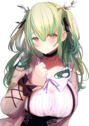 Rule 34 | absurdres, antlers, blush, breasts, ceres fauna, ceres fauna (jirai kei), cleavage, closed mouth, earrings, getto, green hair, highres, hololive, hololive english, horns, jewelry, large breasts, long hair, long sleeves, looking at viewer, official alternate costume, simple background, smile, virtual youtuber, white background, yellow eyes