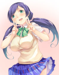 Rule 34 | 10s, 1girl, blush, breasts, double v, gradient background, green eyes, huge breasts, long hair, looking at viewer, love live!, love live! school idol project, mikage sekizai, open mouth, purple hair, school uniform, skirt, smile, solo, sweater vest, tojo nozomi, twintails, v