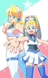 2girls :d alia_(mega_man) android bare_arms bare_shoulders blonde_hair blue_eyes blue_legwear breasts covered_navel flat_chest hair_over_shoulder hand_on_own_ass headset idol index_finger_raised looking_at_viewer looking_back medium_breasts mega_man_(series) mega_man_x_(series) microphone multiple_girls open_mouth outstretched_arm pallette_(mega_man) pants robot_ears simple_background skirt sleeveless smile star_(symbol) thighhighs white_pants white_skirt zettai_ryouiki