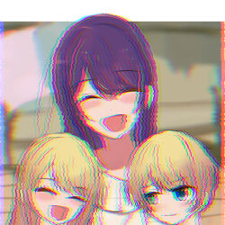 Rule 34 | 1boy, 2girls, absurdres, blonde hair, blue eyes, blush, closed eyes, closed mouth, commentary, glitch, highres, hoshino ai (oshi no ko), hoshino aquamarine, hoshino ruby, long hair, mismatched pupils, mother and daughter, mother and son, multiple girls, open mouth, oshi no ko, purple hair, short hair, siblings, sidelocks, star-shaped pupils, star (symbol), sweater, symbol-shaped pupils, twins, user gygp8842, white sweater