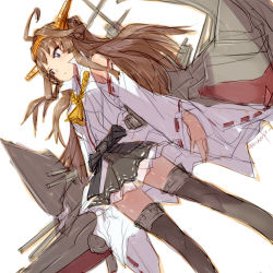 Rule 34 | 1girl, ahoge, alchera, boots, brown hair, detached sleeves, double bun, dutch angle, feet out of frame, grey skirt, hair bun, hairband, hakama, hakama short skirt, hakama skirt, headgear, japanese clothes, kantai collection, kongou (kancolle), kongou kai ni (kancolle), long hair, looking to the side, machinery, popped collar, ribbon-trimmed sleeves, ribbon trim, simple background, skirt, solo, standing, thigh boots, thighhighs, white background