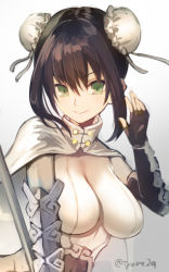 Rule 34 | 1girl, black gloves, bodysuit, breasts, brown hair, bun cover, chinese clothes, closed mouth, commentary request, dot pupils, double bun, ears visible through hair, elbow gloves, fate/grand order, fate (series), fingerless gloves, frills, gloves, green eyes, hair bun, hand up, high collar, large breasts, long hair, looking at viewer, qin liangyu (fate), ribbon, short hair, sidelocks, smile, solo, tyone, upper body, v-shaped eyebrows, white bodysuit