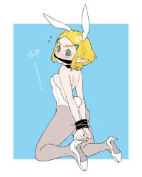 Rule 34 | 1girl, @ @, animal ears, ass, blonde hair, blue background, blush, bound, bound wrists, fishnet pantyhose, fishnets, from behind, gag, gagged, green eyes, high heels, highres, koi (nisikicoi), leotard, nintendo, pantyhose, playboy bunny, pointy ears, princess zelda, rabbit ears, rabbit tail, tail, the legend of zelda, the legend of zelda: tears of the kingdom