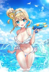 Rule 34 | 1girl, :d, animal, artist name, bad id, bad pixiv id, bare arms, bare legs, bare shoulders, beach, bikini, bird, blue eyes, blue sky, blush, breasts, cleavage, cloud, cloudy sky, collarbone, contrapposto, cowboy shot, day, fingernails, frilled bikini, frills, girls&#039; frontline, gluteal fold, hair between eyes, hair bun, hair intakes, hair ornament, hairband, halterneck, hands up, holding, large breasts, legs together, long fingernails, looking at viewer, narae, navel, ocean, official alternate costume, open mouth, outdoors, palm tree, partially submerged, seagull, shawl, short hair, side bun, sidelocks, single hair bun, single side bun, sky, smile, snowflake hair ornament, solo, sparkle, standing, stomach, suomi (girls&#039; frontline), suomi (midsummer pixie) (girls&#039; frontline), swimsuit, teeth, thigh gap, thighs, tree, trigger discipline, tsurime, upper teeth only, wading, water, water drop, white bikini
