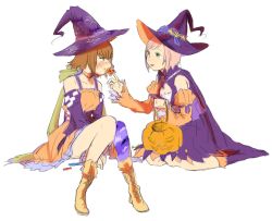 Rule 34 | 2girls, blush, boots, breasts, brown hair, cape, cleavage, detached sleeves, eating, estellise sidos heurassein, hat, multiple girls, open mouth, pink hair, rita mordio, short hair, tales of (series), tales of vesperia, witch hat, yuri