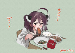 Rule 34 | 1girl, :o, ahoge, blush, bowl, brown eyes, brown hair, dated, food, food request, fork, green background, headgear, holding, holding fork, japanese clothes, kimono, lamb (hitsujiniku), long sleeves, obi, open mouth, plate, rice, rice bowl, sash, solo, table, touhoku kiritan, translation request, twintails, v-shaped eyebrows, voiceroid, white kimono, wide sleeves