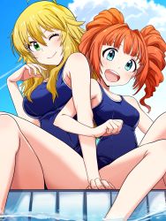 Rule 34 | 2girls, ahoge, bare shoulders, blonde hair, blue sky, blue one-piece swimsuit, cloud, commentary request, drill hair, green eyes, highres, hoshii miki, idolmaster, idolmaster (classic), crossed legs, locked arms, looking at viewer, multiple girls, one-piece swimsuit, one eye closed, orange hair, pool, run p (aveton), school swimsuit, sitting, sky, swimsuit, takatsuki yayoi, twin drills, water