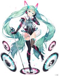 Rule 34 | 1girl, :d, ancotaku, bare shoulders, black footwear, black gloves, black thighhighs, blush, boots, commentary request, elbow gloves, full body, gloves, green eyes, green hair, hair between eyes, hair ornament, hatsune miku, head tilt, headset, holding, holding microphone stand, leotard, long hair, microphone stand, open mouth, round teeth, smile, solo, standing, standing on one leg, teeth, thigh boots, thighhighs, twintails, upper teeth only, very long hair, vocaloid, white background