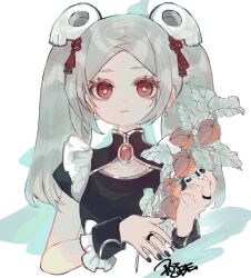 Rule 34 | 1girl, absurdres, alternate costume, black nails, bloody marie (skullgirls), bright pupils, brooch, dotcube, earrings, grey hair, hair ornament, highres, holding, jewelry, nail polish, plant, red eyes, ring, skull hair ornament, skullgirls, solo, twintails, upper body, white pupils, wristband