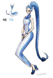 Rule 34 | 1girl, bead necklace, beads, blue dress, blue hair, bracelet, bright pupils, commentary, creatures (company), dragon girl, dragonair, dress, full body, game freak, gen 1 pokemon, head wings, high heels, highres, horns, jewelry, long hair, long legs, necklace, nintendo, personification, pokemon, pokemon (creature), red eyes, reference inset, simple background, single horn, sleeveless, sleeveless dress, smile, tamtamdi, translated, very long hair, white background, white pupils, wings