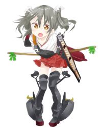 Rule 34 | 10s, 1girl, :o, arms behind back, blush, boots, bow (weapon), flight deck, grey hair, hair ribbon, hisui (kimochi), japanese clothes, kantai collection, leaning forward, muneate, open mouth, pigeon-toed, pleated skirt, red skirt, ribbon, simple background, skirt, solo, thigh boots, thighhighs, twintails, weapon, white background, zuikaku (kancolle)