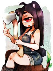 Rule 34 | 1girl, animal ears, axe, bandaid, bandaid on cheek, bandaid on face, bare arms, bare shoulders, bear ears, bear tail, blue overalls, breasts, cyclops, dated, holding, holding axe, log, long hair, looking at viewer, muku-chan (muroku), muroku (aimichiyo0526), naked overalls, one-eyed, open mouth, original, overalls, red eyes, signature, sitting, small breasts, socks, solo, tail, twitter username, x x