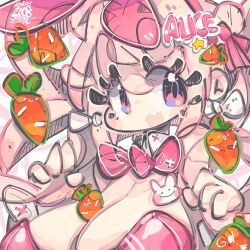 Rule 34 | alice (nikke), alice (wonderland bunny) (nikke), animal ears, bare shoulders, breasts, carrot hair ornament, chibi, cleavage, dated, fake animal ears, food-themed hair ornament, goddess of victory: nikke, hair between eyes, hair ornament, jrpencil, large breasts, leotard, long hair, pink eyes, pink hair, pink leotard, playboy bunny, rabbit ears, sidelocks, signature, strapless, strapless leotard, twintails