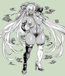 Rule 34 | 1girl, aoyama akira, aoyamantarou, blush, breasts, choker, cloak, closed eyes, dark-skinned female, dark skin, draph, excessive pubic hair, fediel (granblue fantasy), female pubic hair, gloves, granblue fantasy, green background, high heels, horns, huge breasts, large areolae, long hair, looking to the side, monochrome, pubic hair, simple background, smile, solo, tagme, thighhighs, twintails, white hair