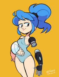 Rule 34 | 1girl, absurdres, artist name, ball, black eyes, blue hair, blue one-piece swimsuit, clothing cutout, cowboy shot, dated, grey one-piece swimsuit, half-closed eyes, highres, holding, holding ball, long hair, matt froese, mechanical arms, navel, one-piece swimsuit, original, ponytail, sharkini, signature, simple background, single mechanical arm, smile, solo, stomach cutout, swimsuit, volleyball, volleyball (object), yellow background