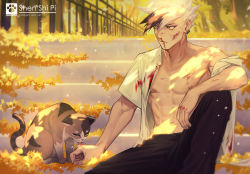 Rule 34 | 1boy, abs, animal, bare shoulders, black hair, blood, blood on clothes, cat, closed eyes, closed mouth, earrings, fingernails, injury, jewelry, licking, male focus, multicolored hair, muscular, navel, nipples, original, outdoors, scratches, shipl, signature, sitting, tree, white hair, yellow eyes