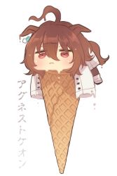Rule 34 | 1girl, agnes tachyon (umamusume), animal ears, blush, brown hair, chemical structure, chibi, commentary request, earrings, ears down, hair between eyes, highres, horse ears, horse girl, horse tail, ice cream cone, jewelry, lab coat, looking at viewer, melting, messy hair, red eyes, shirin (tsukimiyagura), short hair, simple background, single earring, sleeves past fingers, sleeves past wrists, solo, tail, translation request, umamusume, white background, white footwear
