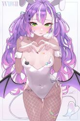 Rule 34 | 1girl, absurdres, animal ears, bandages, blush, demon tail, demon wings, fishnets, hair between eyes, heart, heart hands, highres, hololive, kkato, leotard, low twintails, multicolored hair, playboy bunny, purple hair, rabbit ears, tail, tokoyami towa, twintails, two-tone hair, virtual youtuber, wings
