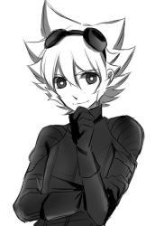 Rule 34 | 1boy, aki (645451622), bodysuit, goggles, goggles on head, greyscale, hand on own chin, inazuma eleven (series), inazuma eleven go, inazuma eleven go chrono stone, looking at viewer, male focus, monochrome, saryuu evan, simple background, solo, white background