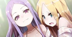 Rule 34 | 2girls, abigail williams (fate), bad id, bad twitter id, bare shoulders, blonde hair, blue eyes, blurry, blurry background, blush, breasts, closed mouth, collarbone, depth of field, dutch angle, fate/grand order, fate (series), forehead, highres, looking at viewer, multiple girls, off shoulder, open mouth, parted bangs, protected link, purple eyes, purple hair, shirt, small breasts, smile, wada kazu, wavy mouth, white shirt, wu zetian (fate)
