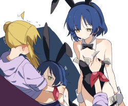 Rule 34 | 2girls, ahoge, alternate costume, animal ears, banknote, bare shoulders, black bow, black bowtie, black leotard, blonde hair, blue hair, bocchi the rock!, bow, bowtie, breasts, cleavage, coldcat., commentary, cunnilingus, detached collar, fake animal ears, highres, ijichi nijika, leotard, long hair, looking at another, mole, mole under eye, money, multiple girls, multiple views, oral, playboy bunny, prostitution, rabbit ears, short hair, side ponytail, simple background, small breasts, white background, wrist cuffs, yamada ryo, yellow eyes, yuri