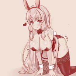 Rule 34 | 1girl, all fours, animal ears, ankuru (ankle art2), assault lily, asymmetrical legwear, bare shoulders, blush, bow, bowtie, breasts, brown background, brown theme, cleavage, closed mouth, commentary request, fake animal ears, fake tail, fishnet thighhighs, fishnets, foot out of frame, garter straps, hair tie, hairband, hanging breasts, heart, highleg, highleg leotard, lace, lace-trimmed legwear, lace-trimmed thighhighs, lace trim, large breasts, leotard, long hair, looking at viewer, mismatched legwear, monochrome, motion lines, playboy bunny, rabbit ears, rabbit tail, side-tie leotard, sidelocks, simple background, single garter strap, smile, solo, strapless, strapless leotard, sweat, tachihara sayu, tail, thighhighs, v-shaped eyebrows, very long hair, wrist cuffs
