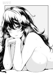Rule 34 | 1girl, blush, breasts, completely nude, dated, grey background, greyscale, hair between eyes, highres, kichihachi, large breasts, light smile, long hair, looking at viewer, lying, monochrome, nude, on stomach, original, simple background, smile, solo, sweat, twitter username, two-tone background, white background