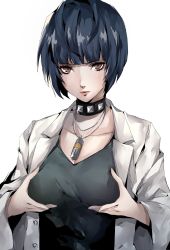 Rule 34 | 1girl, arms up, blue eyes, blue shirt, grabbing another&#039;s breast, breasts, buttons, closed mouth, collar, collarbone, grabbing, grabbing own breast, hand on own chest, highres, jacket, jewelry, large breasts, lips, looking at viewer, necklace, nurse, persona, persona 5, pertex 777, shirt, short hair, simple background, solo, spiked collar, spikes, takemi tae, white background, white jacket