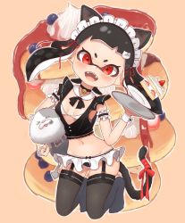 Rule 34 | 1girl, :d, animal ears, armband, bell, black bow, black bowtie, black hair, black thighhighs, blush, bow, bowtie, breasts, breasts apart, cake, cake slice, cat ears, cat tail, character request, collar, commentary request, detached collar, earrings, fangs, food, frills, fruit, full body, garter straps, highres, holding, holding tray, inkling, inkling girl, inkling player character, jewelry, kemonomimi mode, kneeling, long hair, looking at viewer, maid, maid headdress, microskirt, midriff, mole, navel, neck bell, nintendo, no shoes, open mouth, outline, plate, pleated skirt, pointy ears, red bow, red eyes, ribbon, shirt, short eyebrows, skindentation, skirt, sleeveless, small breasts, smile, solo, splatoon (series), strawberry shortcake, stud earrings, tail, tail bow, tail ornament, tail ribbon, tentacle hair, thighhighs, tray, wanimaru, white skirt, wrist cuffs