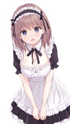 Rule 34 | 1girl, apron, black dress, black ribbon, blue eyes, breasts, brown hair, center frills, cleavage, detached collar, dress, frilled apron, frills, highres, large breasts, leaning forward, looking at viewer, maid, maid apron, maid headdress, medium hair, open mouth, original, pasdar, puffy short sleeves, puffy sleeves, ribbon, short sleeves, simple background, solo, v arms, white apron, white background