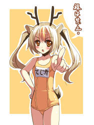 Rule 34 | 1girl, animal ears, antlers, bad id, bad pixiv id, brown eyes, chidejika, deer antlers, deer ears, hand on own hip, highres, hip focus, horns, japan commercial broadcasters association, long hair, one-piece swimsuit, pointing, rie (reverie), school swimsuit, solo, swimsuit, translation request, twintails, white hair, yellow one-piece swimsuit