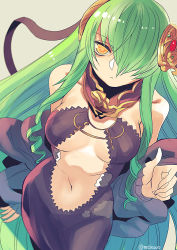Rule 34 | 1girl, bare shoulders, black dress, breasts, center opening, contrapposto, dress, from above, green hair, hair ornament, hair over one eye, halter dress, halterneck, hayasaka, hornet (rance), long dress, long hair, looking at viewer, medium breasts, navel, o-ring, rance (series), rance 10, revealing clothes, solo, twitter username, very long hair, yellow eyes