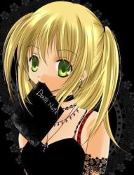 Rule 34 | 00s, amane misa, blonde hair, book, choker, cross, death note, earrings, green eyes, jewelry, lace, lowres, mouth hold, necklace, rosary, twintails