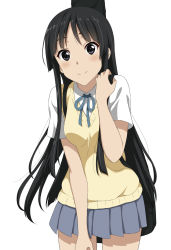 Rule 34 | 1girl, akiyama mio, bag, black eyes, black hair, blue skirt, blush, breasts, closed mouth, collared shirt, commentary request, darknessukaru, highres, hime cut, k-on!, long hair, looking at viewer, pleated skirt, sakuragaoka high school uniform, school uniform, shirt, short sleeves, simple background, skirt, smile, solo, sweater vest, white background, white shirt, yellow sweater vest