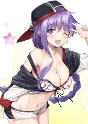 Rule 34 | 10s, 1girl, ;d, bare shoulders, bb (fate), bb (fate/extra), black hat, blush, braid, breasts, cleavage, collarbone, commentary request, cowboy shot, fate/extra, fate/extra ccc, fate (series), gedou (shigure seishin), gradient background, hat, highres, large breasts, leaning forward, long hair, looking at viewer, micro shorts, navel piercing, one eye closed, open mouth, peaked cap, piercing, purple eyes, purple hair, short shorts, shorts, single braid, smile, solo, star (symbol), strap slip, toyota, v, very long hair, white background, white shorts, yellow background