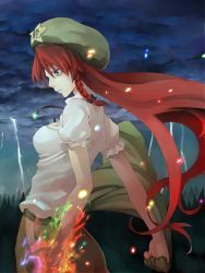 Rule 34 | 1girl, aura, blouse, braid, breasts, clothes writing, cloud, colorful, cowboy shot, ex-meiling, female focus, fire, flaming hand, from side, green hat, hat, hong meiling, lightning, long hair, morino hon, powering up, profile, red hair, ribbon, serious, shirt, side braid, solo, storm, touhou, very long hair, white shirt