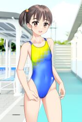 Rule 34 | 1girl, absurdres, black hair, blue one-piece swimsuit, brown eyes, collarbone, commentary request, competition swimsuit, contrapposto, covered navel, highleg, highleg swimsuit, highres, indoors, one-piece swimsuit, open mouth, original, poolside, round teeth, school swimsuit, screentones, short hair, side ponytail, solo, stairs, standing, swimsuit, takafumi, teeth, two-tone swimsuit, upper teeth only, variant set