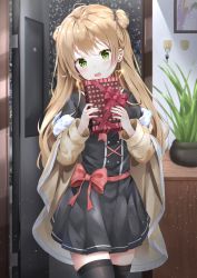 Rule 34 | 1girl, :o, ahoge, aizawa (aizawatsu), black dress, black thighhighs, blush, bow, box, brown coat, brown hair, coat, commentary, double bun, dress, earrings, fur-trimmed coat, fur trim, gift, gift box, girls&#039; frontline, green eyes, hair bow, hair bun, heart, heart earrings, highres, holding, holding gift, jewelry, long hair, long sleeves, looking at viewer, nail polish, open door, red nails, red ribbon, rfb (girls&#039; frontline), ribbon, snowing, solo, thighhighs, valentine, wide sleeves