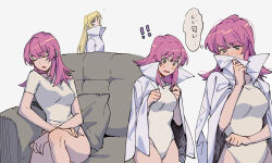 Rule 34 | !, !!, 2girls, blonde hair, blush, breasts, brown eyes, cape, commentary, couch, english commentary, grey background, highres, kaleido star, layla hamilton, leotard, long hair, medium breasts, multiple girls, naegino sora, notice lines, on couch, parted lips, purple hair, rekari (rekari628), simple background, sitting, smelling, smelling clothes, thought bubble, translation request, white cape, white leotard, yuri