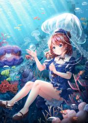 Rule 34 | 1girl, absurdres, air bubble, black bow, black footwear, blue eyes, blue hat, bow, brown hair, bubble, clam, clothes between thighs, clownfish, coral, day, earrings, fish, full body, gem, hat, highres, jellyfish, jewelry, looking at viewer, menna (0012), ocean, outdoors, pearl (gemstone), shinkai shoujo (vocaloid), short hair, short sleeves, sitting, smile, solo, summer, sunlight, tropical fish, underwater, vocaloid