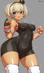 Rule 34 | 1girl, ass, bare shoulders, bea (pokemon), black bodysuit, blue eyes, bodysuit, breasts, cameltoe, cleft of venus, collarbone, covered erect nipples, covered navel, cowboy shot, creatures (company), curvy, dark-skinned female, dark skin, female focus, game freak, gloves, grey background, gym leader, hairband, haku hakujou daimaou, highres, huge ass, impossible clothes, medium breasts, nintendo, open mouth, pokemon, pokemon swsh, shiny clothes, short hair, silver hair, simple background, single glove, skin tight, sleeveless, solo, sweat, teeth, thighs, tongue, upper teeth only, wide hips