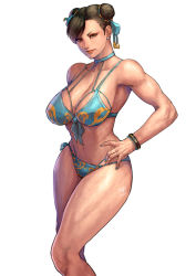 Rule 34 | absurdres, alternate costume, bikini, blue bikini, blue nails, bracelet, breasts, brown eyes, brown hair, bun cover, capcom, chun-li, cirenk, cleavage, double bun, earrings, feet out of frame, front-tie bikini top, front-tie top, hair bun, hair pulled back, hand on own hip, highres, jewelry, large breasts, multi-strapped bikini, nail polish, navel, simple background, solo, street fighter, street fighter ii (series), swimsuit, two-tone bikini, white background