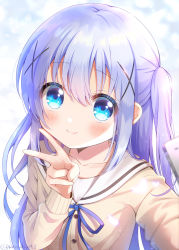 1girl alternate_costume blue_eyes blue_hair blush closed_mouth collarbone gochuumon_wa_usagi_desu_ka? hair_ornament highres kafuu_chino long_hair long_sleeves looking_at_viewer mozukun43 school_uniform selfie serafuku sidelocks smile solo twitter_username v x_hair_ornament