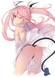Rule 34 | 1girl, ;o, ass, backless dress, backless outfit, bare legs, bare shoulders, black panties, breasts, clothes between thighs, cropped legs, demon girl, demon tail, dress, from behind, gloves, highres, kedama milk, long hair, looking back, one eye closed, original, panties, pink eyes, pink hair, pointy ears, simple background, sketch, small breasts, solo, sweatdrop, tail, thong, underwear, very long hair, white background, white dress, white gloves