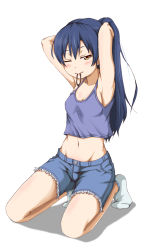 Rule 34 | 1girl, armpits, arms up, artist request, blue hair, blush, breasts, cleavage, commentary request, denim, denim shorts, hair between eyes, hair tie, highres, kneeling, long hair, love live!, love live! school idol project, mouth hold, navel, one eye closed, ponytail, rubber band, shorts, simple background, small breasts, socks, solo, sonoda umi, tank top, tying hair, white background, yellow eyes