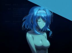 Rule 34 | 10s, 1girl, blue hair, breasts, closed eyes, highres, no nipples, nonaka yuki, nude, shinmai maou no testament, solo, standing, stitched, third-party edit