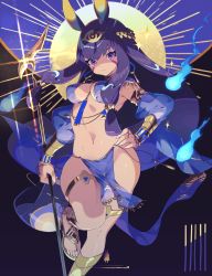 Rule 34 | 1girl, :&lt;, animal ears, breasts, closed mouth, commentary request, dark-skinned female, dark skin, earrings, egyptian, egyptian clothes, facepaint, facial mark, fate/grand order, fate (series), hair tubes, hand on own hip, headpiece, highres, holding, holding staff, hoop earrings, jackal ears, jewelry, long hair, looking at viewer, low-tied long hair, medium breasts, natsuiro xx, navel, nitocris (fate), pelvic curtain, purple eyes, purple hair, sandals, sidelocks, solo, sparkle, staff, thigh strap, usekh collar, very long hair