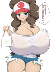 Rule 34 | 1girl, absurdres, breasts, brown hair, creatures (company), game freak, gigantic breasts, hat, highres, hilda (pokemon), jaga334, nintendo, pokemon, pokemon bw, ponytail, simple background, solo, white background