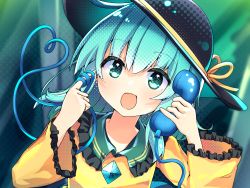 Rule 34 | 1girl, black headwear, buttons, collared shirt, commentary request, diamond button, frilled shirt collar, frilled sleeves, frills, green eyes, green hair, hat, hat ribbon, highres, komeiji koishi, long sleeves, looking at viewer, medium hair, open mouth, ribbon, rpameri, shirt, sun hat, touhou, wide sleeves, yellow shirt